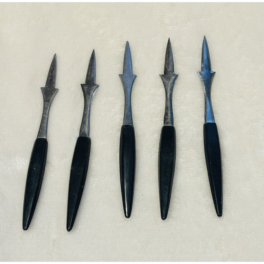 Vintage MCM Stainless Fork Picks Cocktail Olive Set 5 Black Plastic Handle Japan